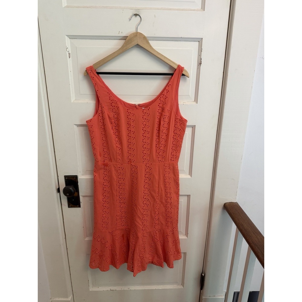 White House Black Market Women's Coral Orange Eyelet Ruffle‎ Hem Dress Size 12